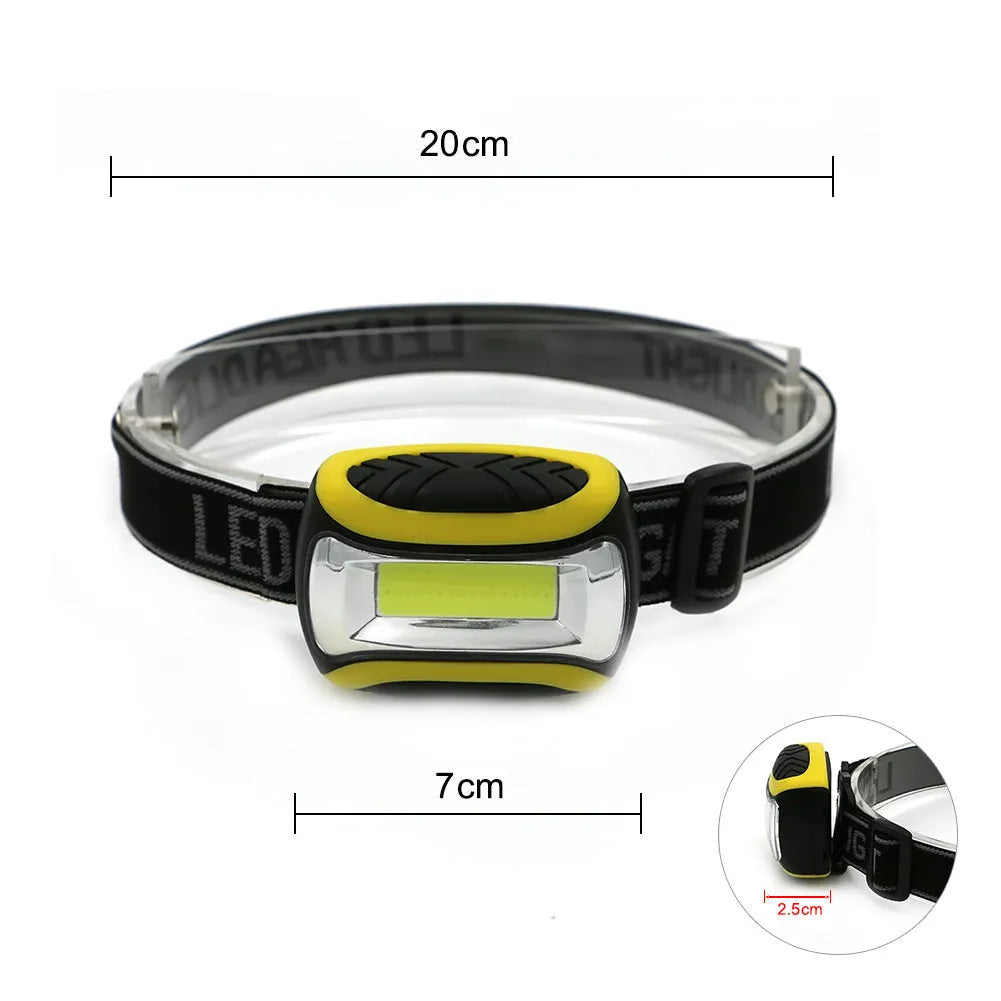 Yellow three-speed COB LED headlamp with adjustable head strap on a black background.