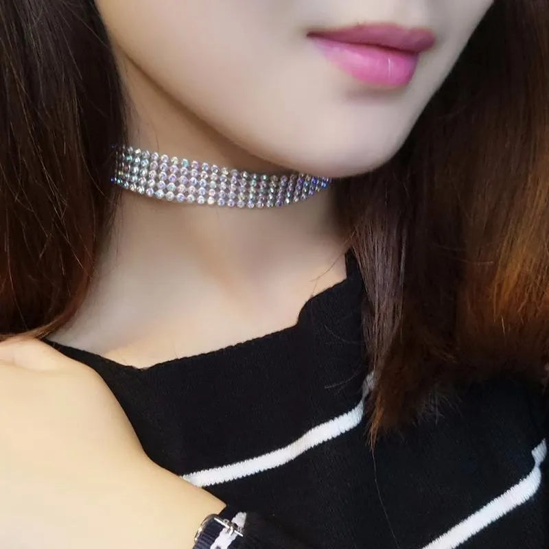 Crystal rhinestone choker necklace for women in white or multicolour, 29cm with 10cm extender