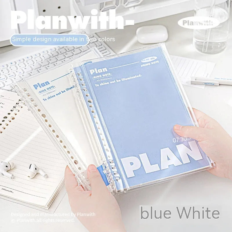 A5 PVC spiral notebook with transparent cover in blue or white, showing spiral binding and standard paper size