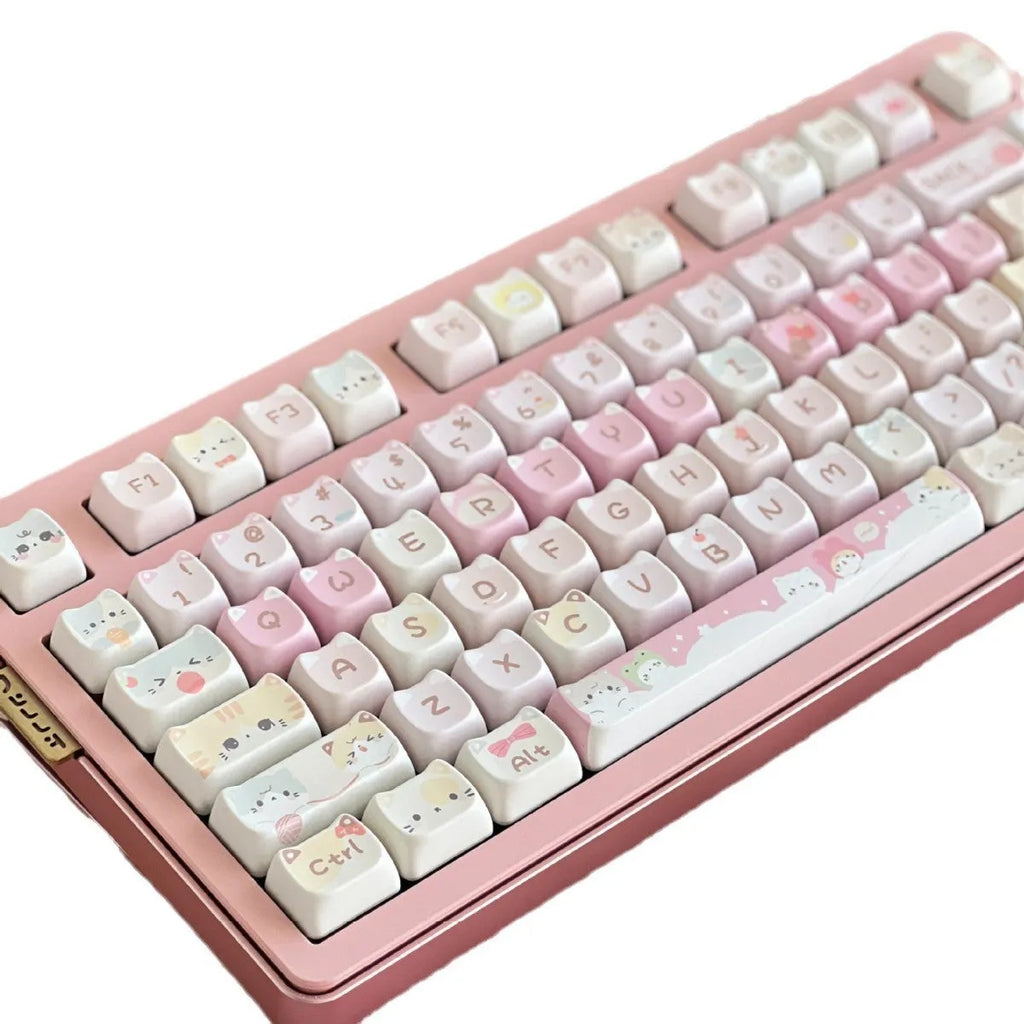 Full set of 141 Meow Meow Team themed keycaps with sublimation printing on five sides.