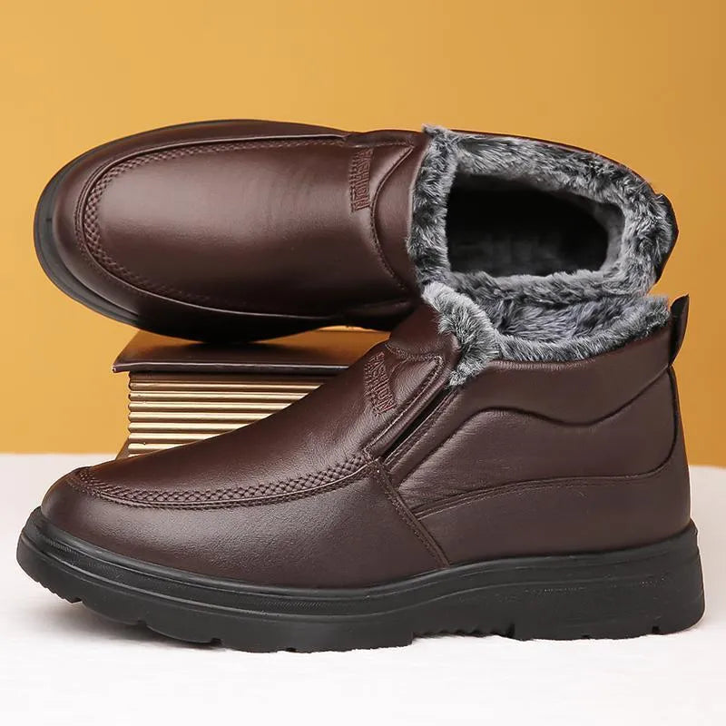 Men's black fleece-lined winter slippers with non-slip rubber sole and slip-on design