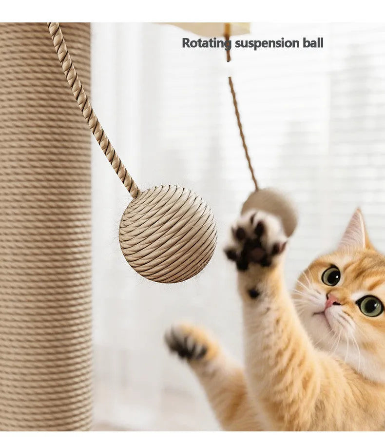 Windmill design cat climbing frame with hanging ball toy, made from pine wood and covered in beige carpet leather.