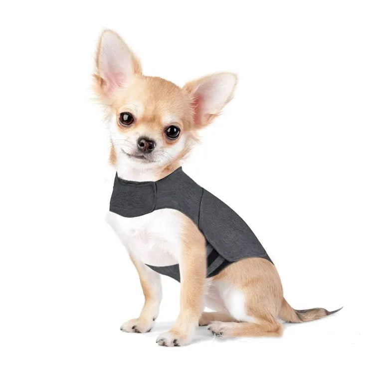 Heather Grey dog anxiety pressure vest made of brocade cotton ponte-de-roma on a medium-sized dog