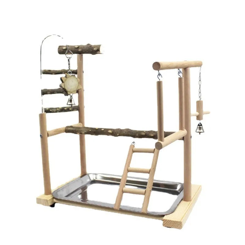 Natural pepper wood parrot toy stand with integrated platform and climbing poles for cage
