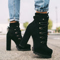 Women's suede ankle boots with thick high heel, round toe, and Roman boot styling in multiple colours