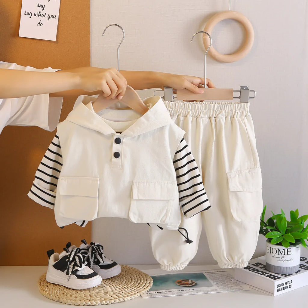 Boys cotton striped hoodie vest and trousers three-piece set in beige showing front view