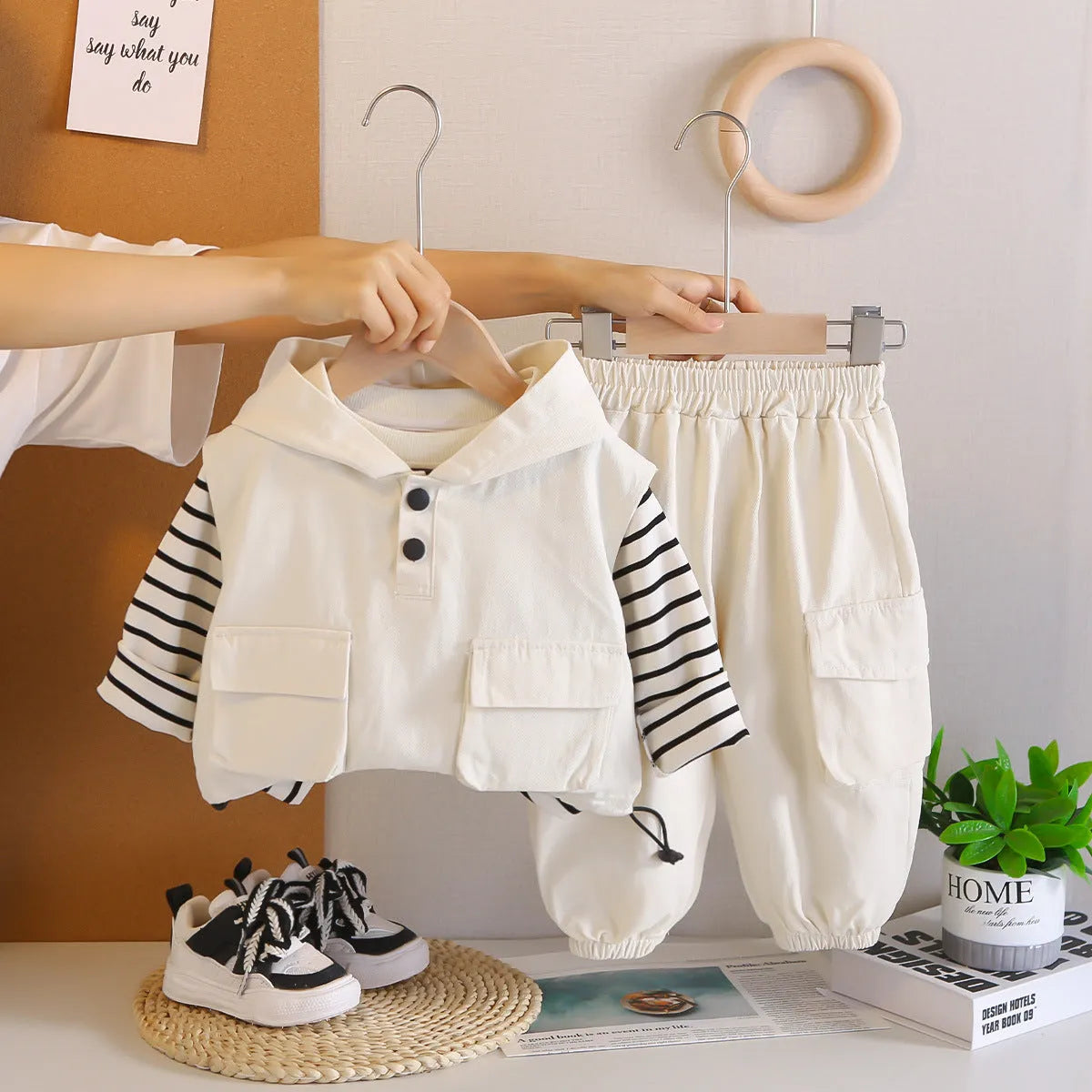 Boys cotton striped hoodie vest and trousers three-piece set in beige showing front view