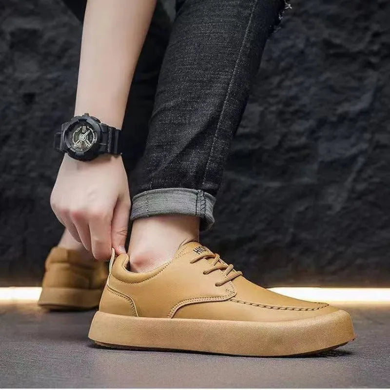 Men's casual lace-up shoes lightweight EVA sole artificial PU leather flat heel round toe AM02 Brown