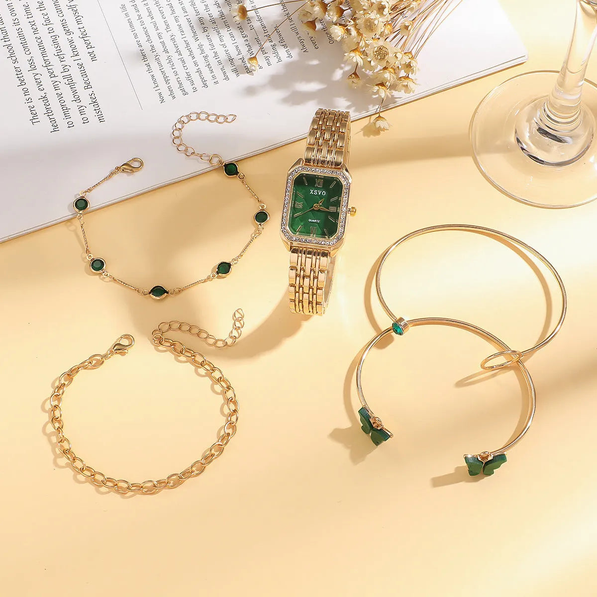 Women's green gold square watch with matching bracelets, alloy case, 25mm dial, jewellery buckle