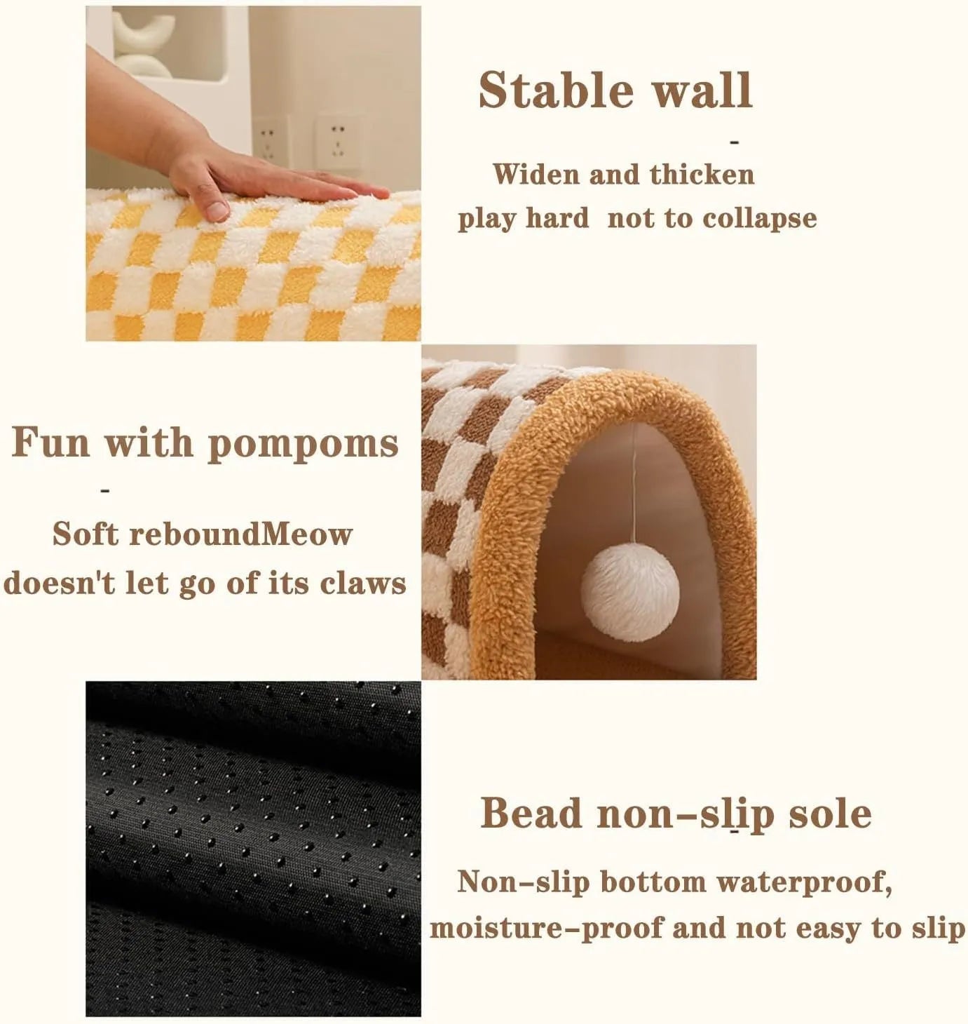 Plush plaid cat tunnel bed with central mat in brown or yellow, XL size 80cm
