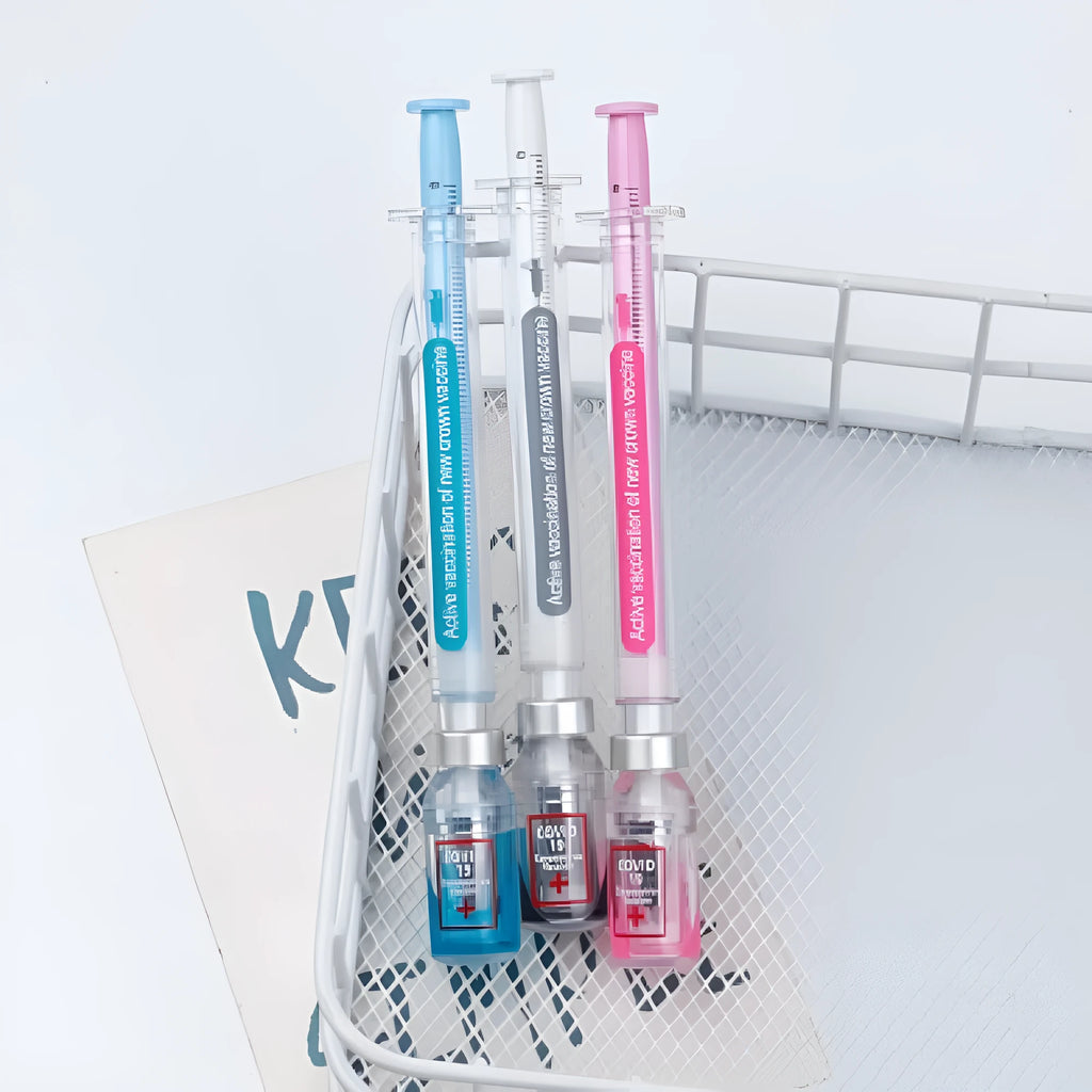 Black and clear plastic vaccine syringe design gel pen with 0.5mm tip on white background.