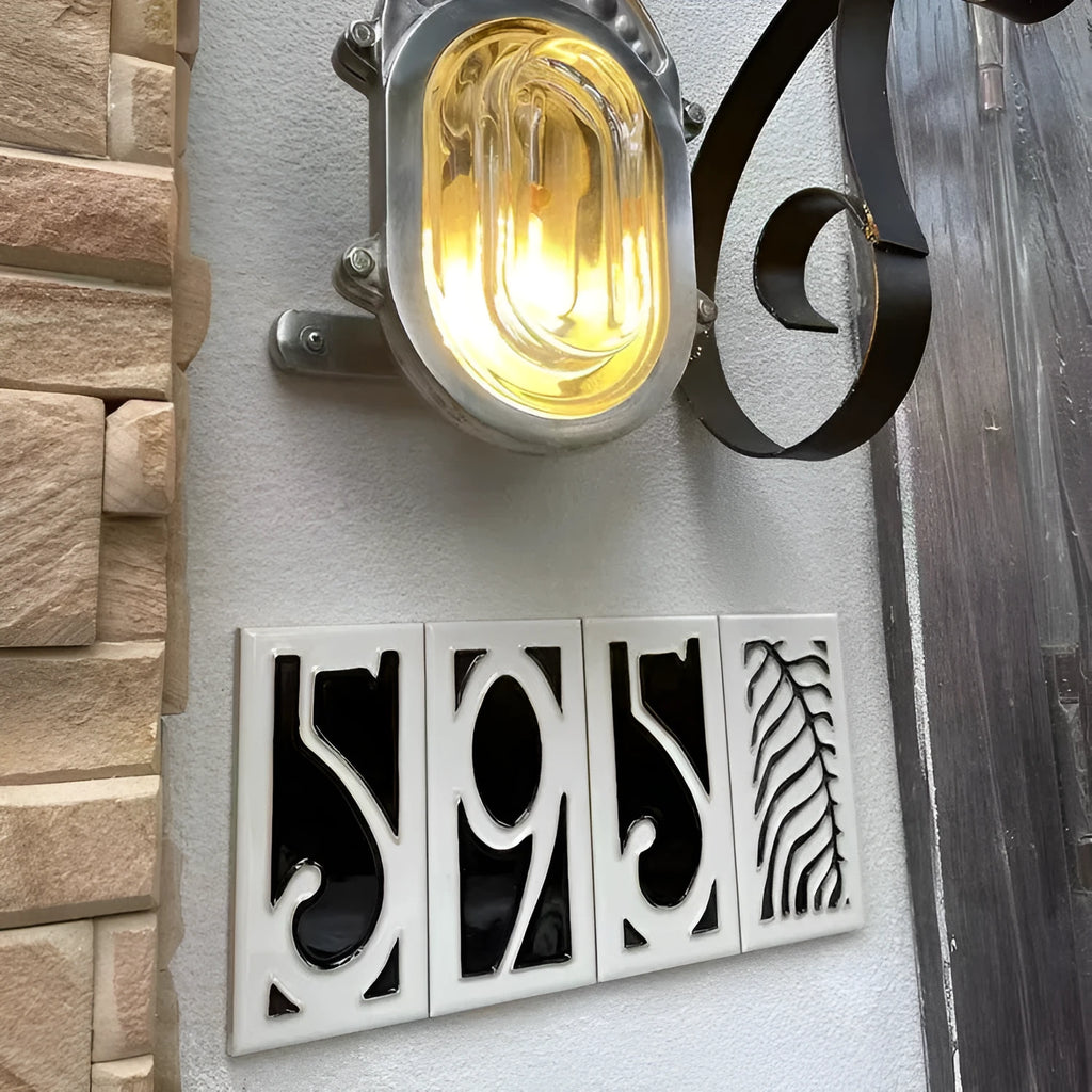 Handmade retro ceramic doorplate with glossy enamel art numbers, shown at 76mm by 152mm.
