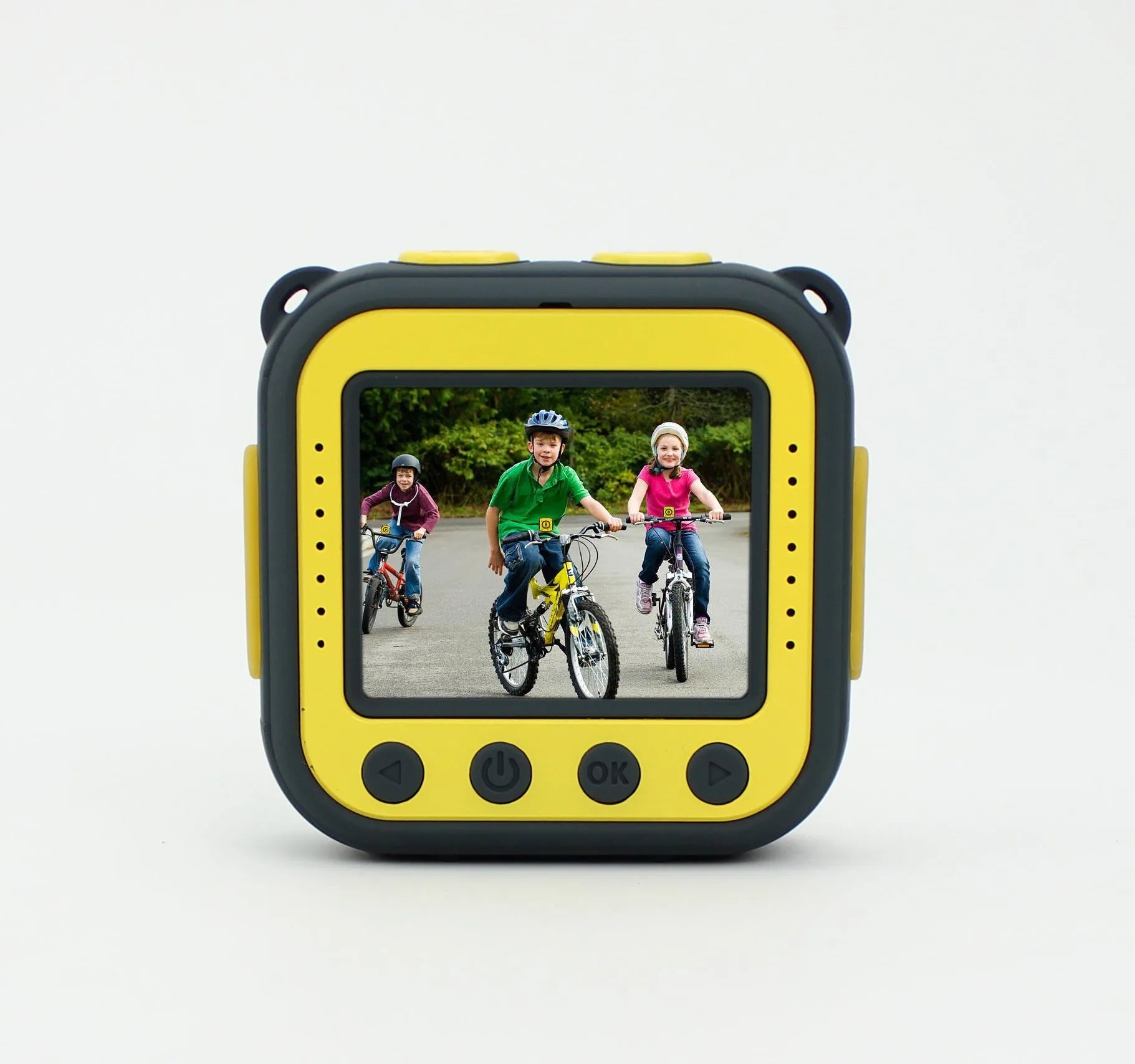 Yellow children's waterproof sports camera with a 1.77-inch screen, shown from the front.