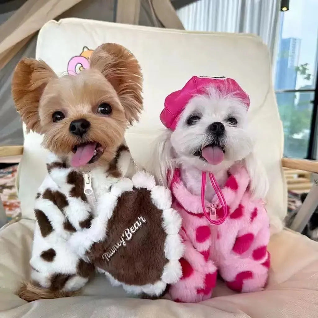 Polyester plush warm coat for small dogs in pink or coffee colours with British style design