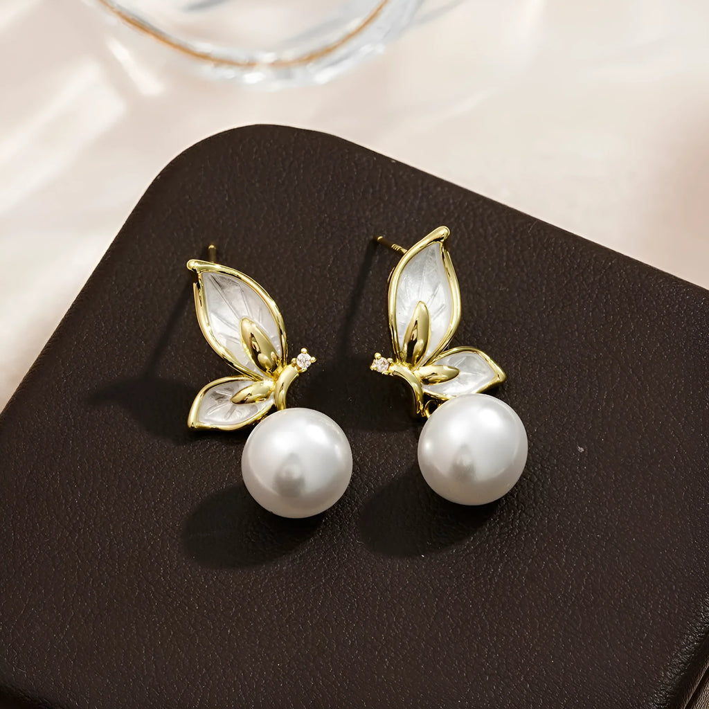 Zircon butterfly earrings for women in electroplated copper with simple geometric design