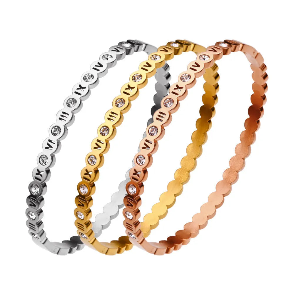 Titanium steel bracelet with electroplated gold rose gold steel finishes and numbered Korean style design