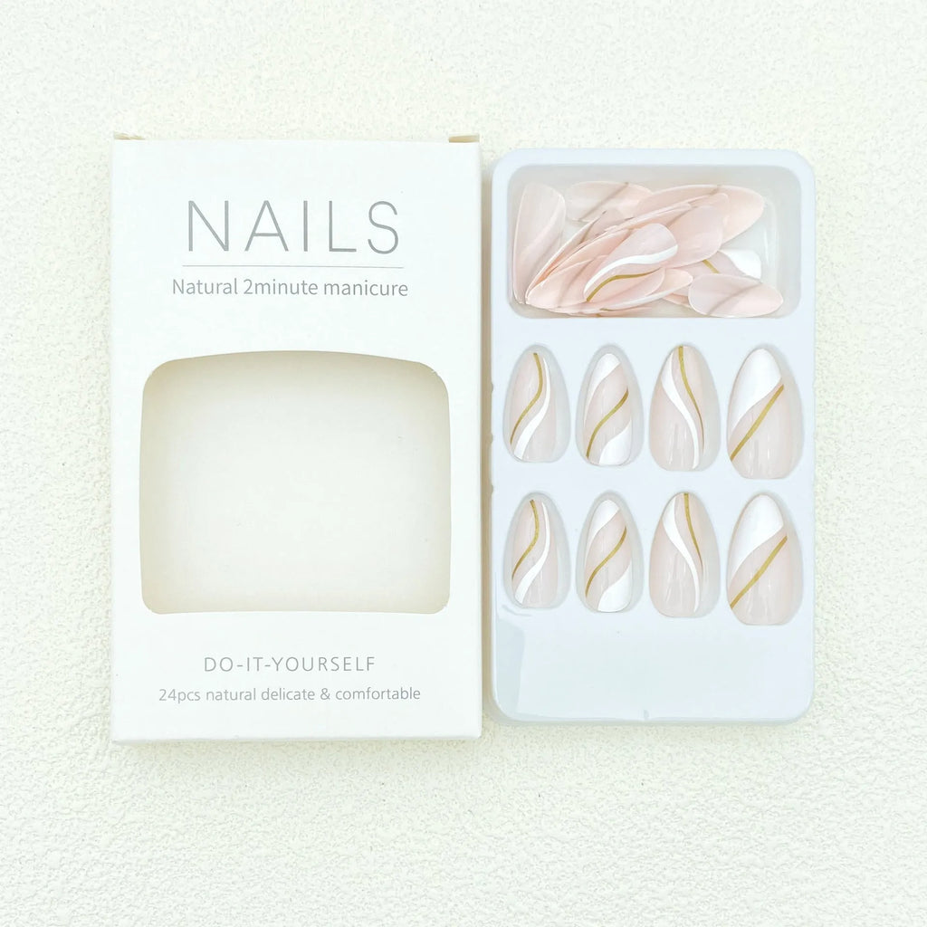 Golden Lines plaid pattern wearable nail stickers in medium drop shape