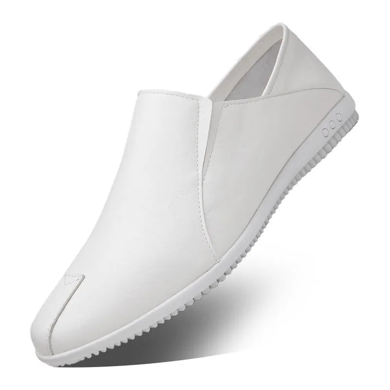 Men's round toe artificial PU leather shoes in white with anti-slip sole, side view