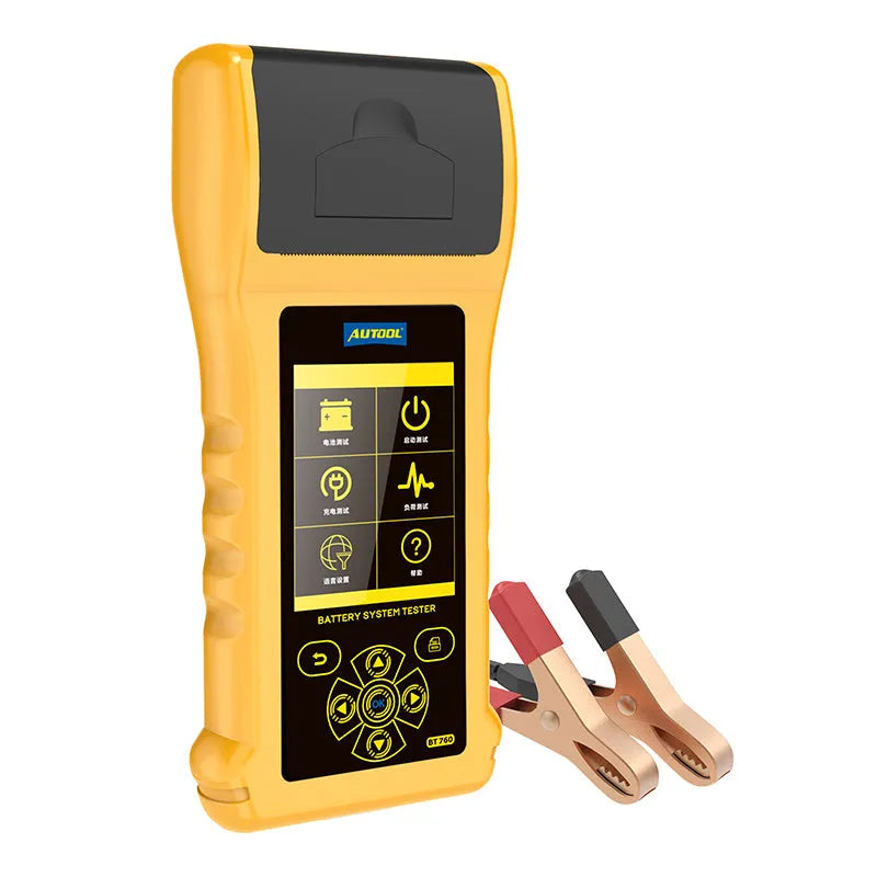 Autool BT760 digital vehicle battery tester with colour screen and thermal printer on a workshop bench.