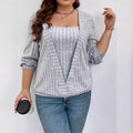 V-neck long sleeve false two-piece suit in solid colour rib fabric, shown in loose fit.