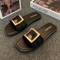 Women's apricot flat summer slippers with a textured PVC sole, shown on a light background.