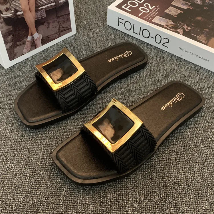 Women's apricot flat summer slippers with a textured PVC sole, shown on a light background.