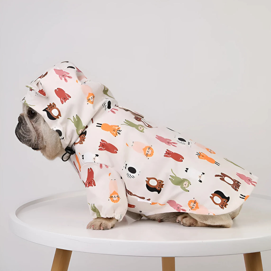 Beige dog raincoat with cartoon design in waterproof PU material