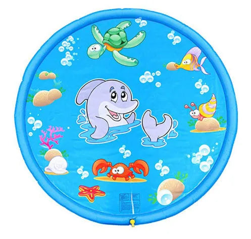 Blue PVC children's water spray pool mat with marine animal designs laid out on grass