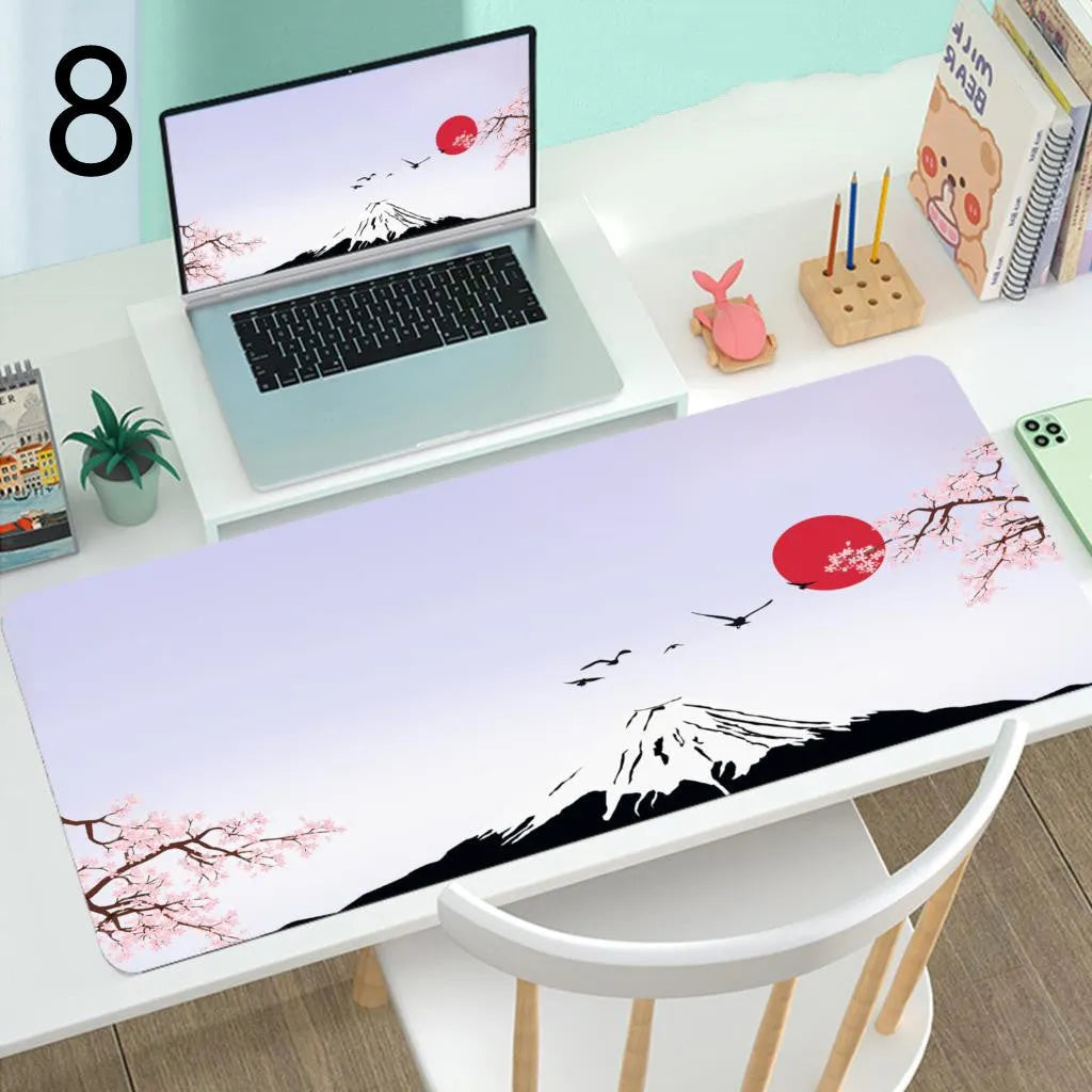 Large rubber gaming mouse desk mat with printed design, available in multiple sizes and thicknesses