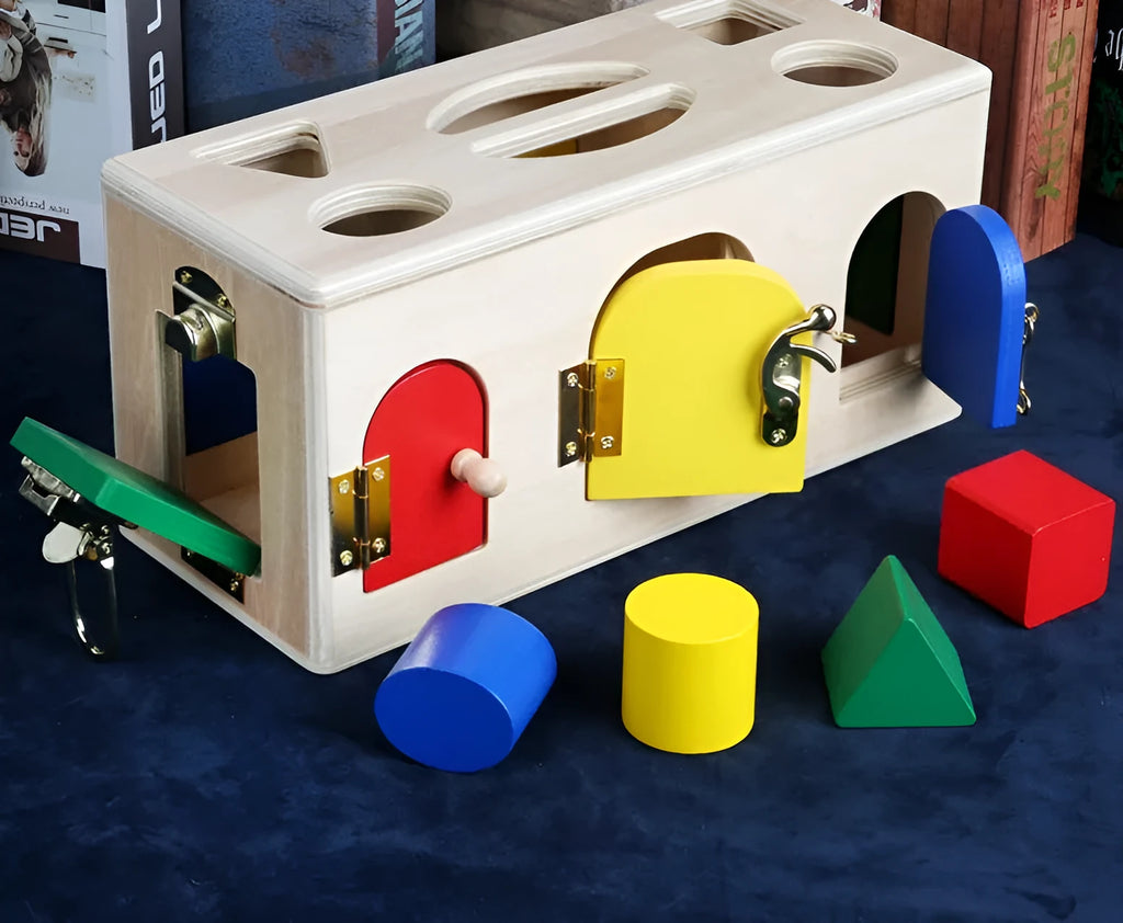 Wooden educational shape sorting lock box toy with coloured blocks for preschool children.