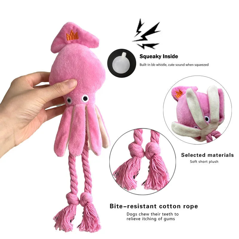 Pink squid plush dog chew toy with squeaky sound, 32cm corduroy, for small medium dogs