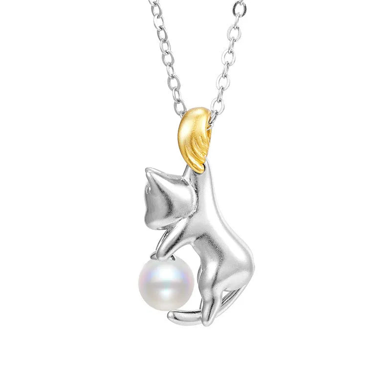 925 sterling silver clavicle chain necklace with cat pendant and pearl bead options
