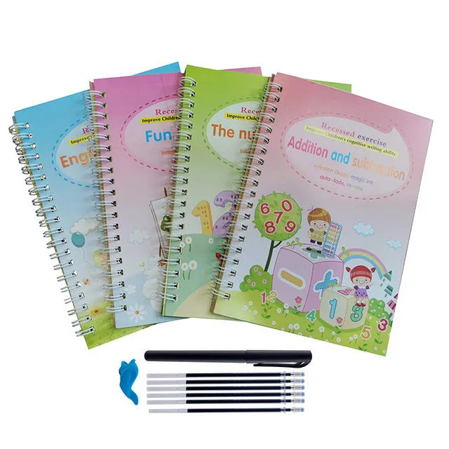 Children's English sticker copybook set with 4 paper books and a calligraphy pen
