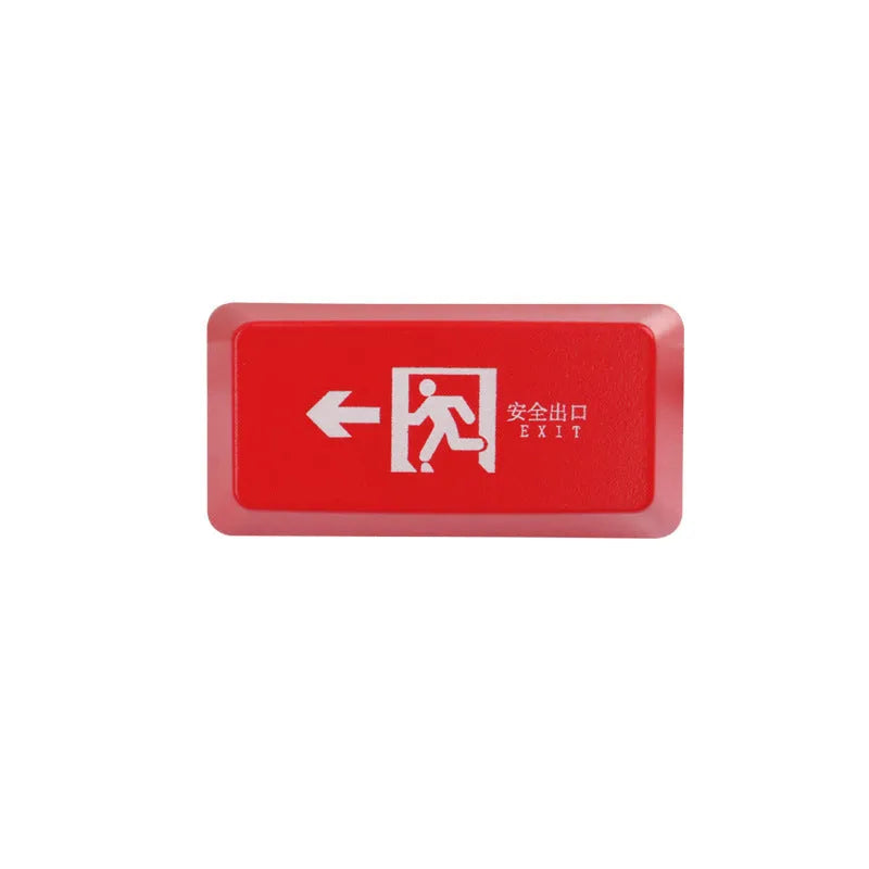 Transparent mechanical keyboard key cap with red evacuation exit symbol for backspace key