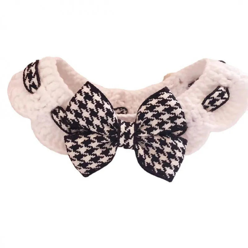 Wool knitted pet collar and neck warmer in houndstooth, black or red, sizes XS 20cm to L 35cm