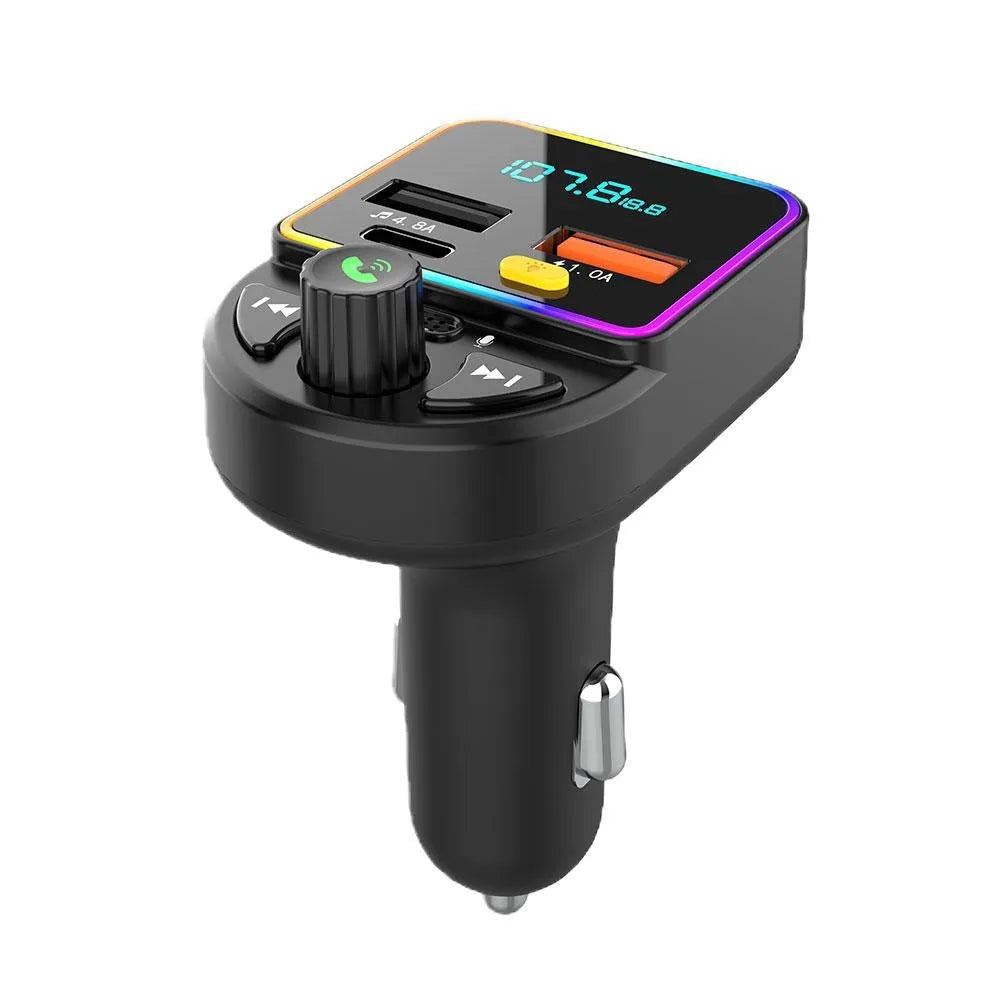 Car FM transmitter Bluetooth hands-free kit with 1.2-inch display and ABS body, plugged into cigarette lighter socket