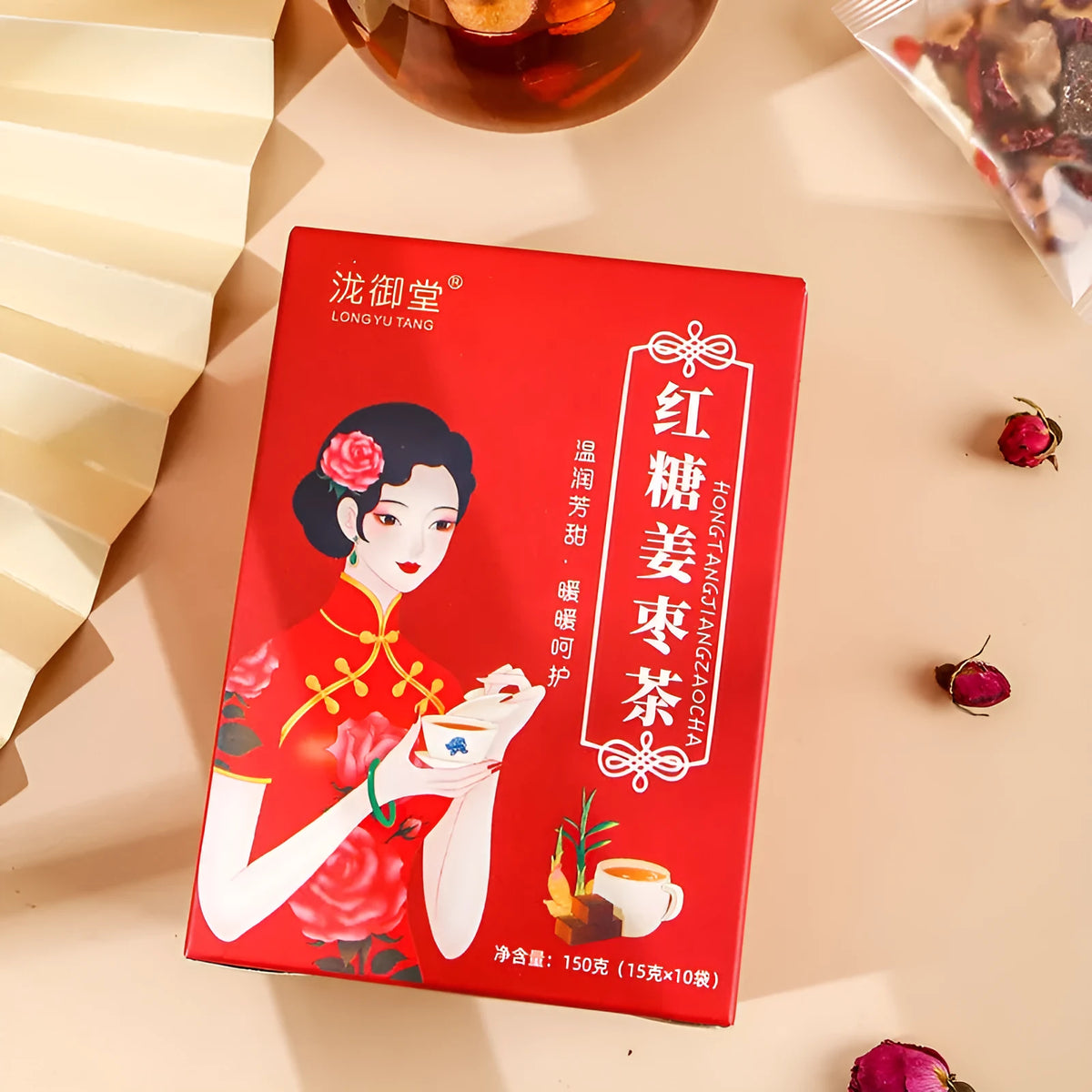 Box of brown sugar ginger and jujube tea containing 150g of tea bags with red dates and wolfberries