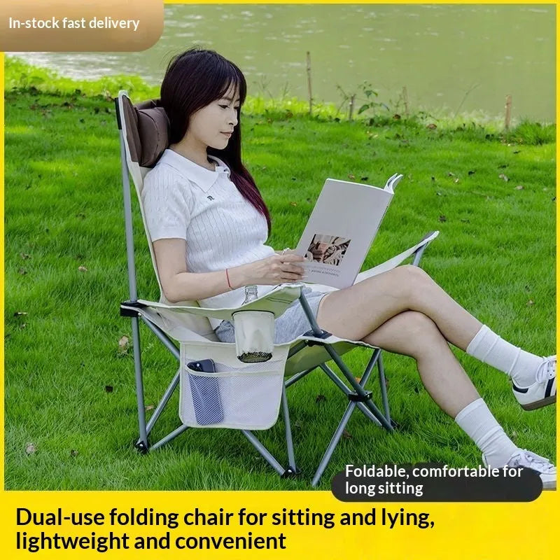 Dual-purpose outdoor office folding recliner chair in beige with steel frame and carrying handle