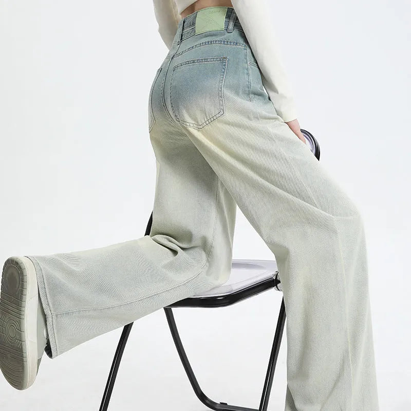 Women's gradient blue straight-leg wide trousers made from cotton denim fabric