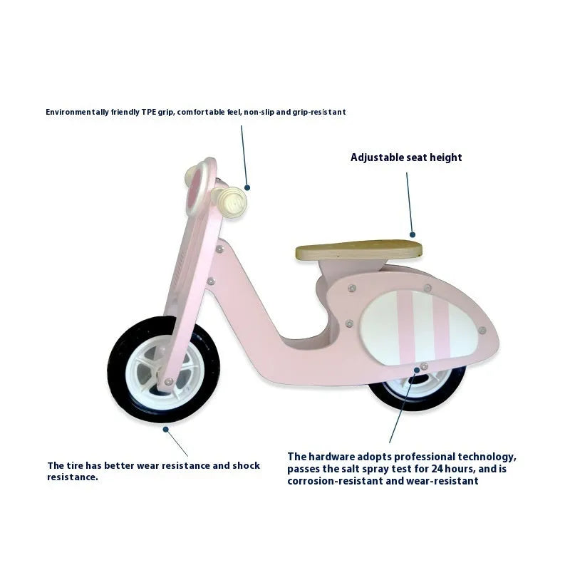 Pink wooden toddler balance scooter on wheels for children aged 1-6 years.