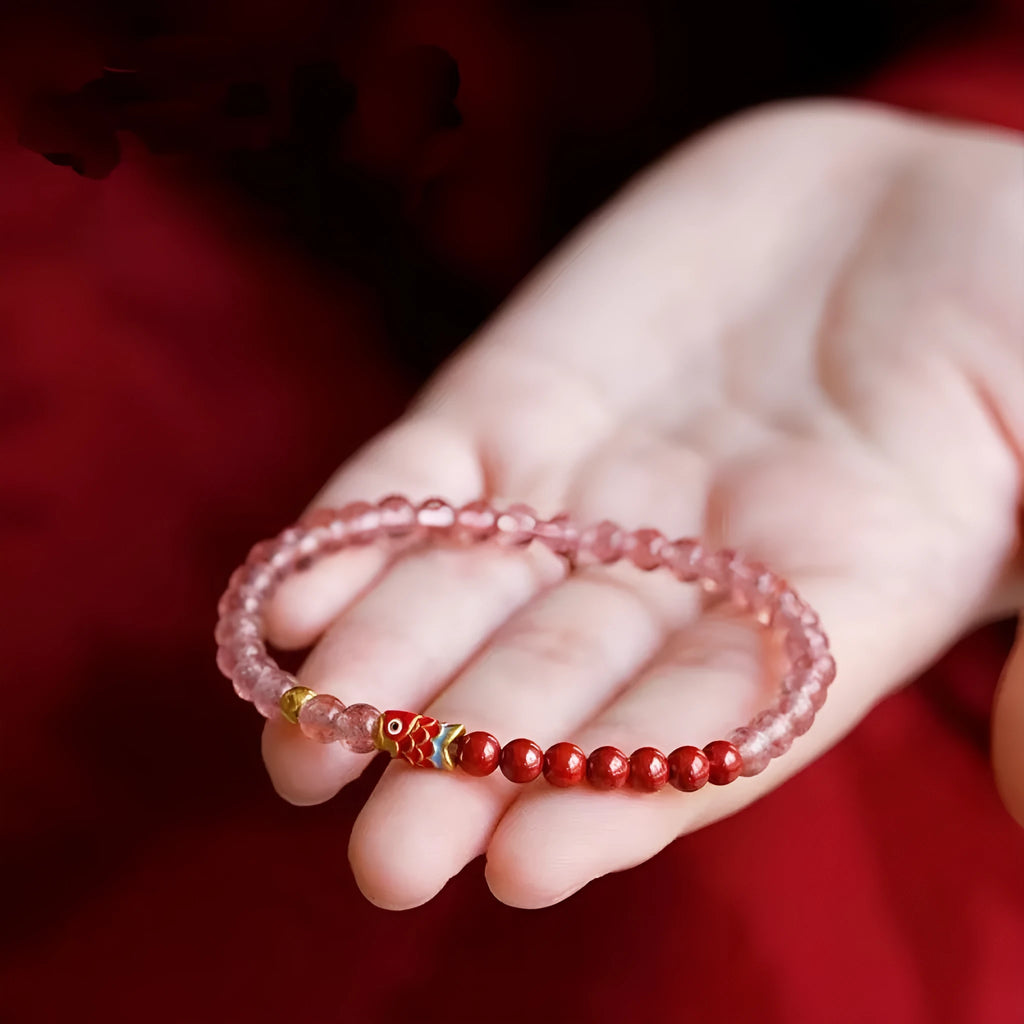 Purple cinnabar and strawberry quartz women's bracelet with lucky beads and peach blossom charms