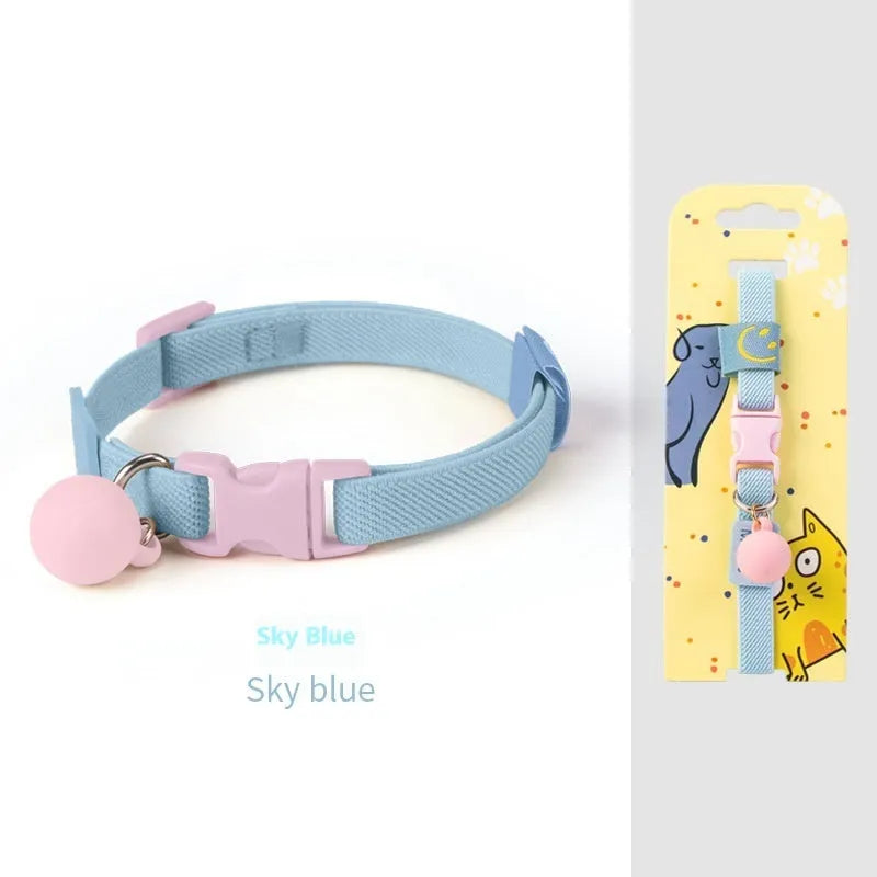 Small dog elastic collar in seven colour options showing yellow, pink, blue, purple, brown, navy and green versions