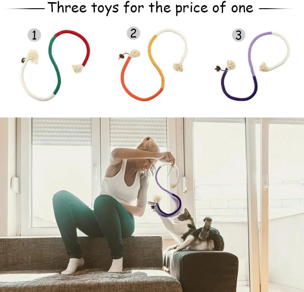 70 cm bite-resistant cotton rope cat toy in purple, orange, and green colour variations