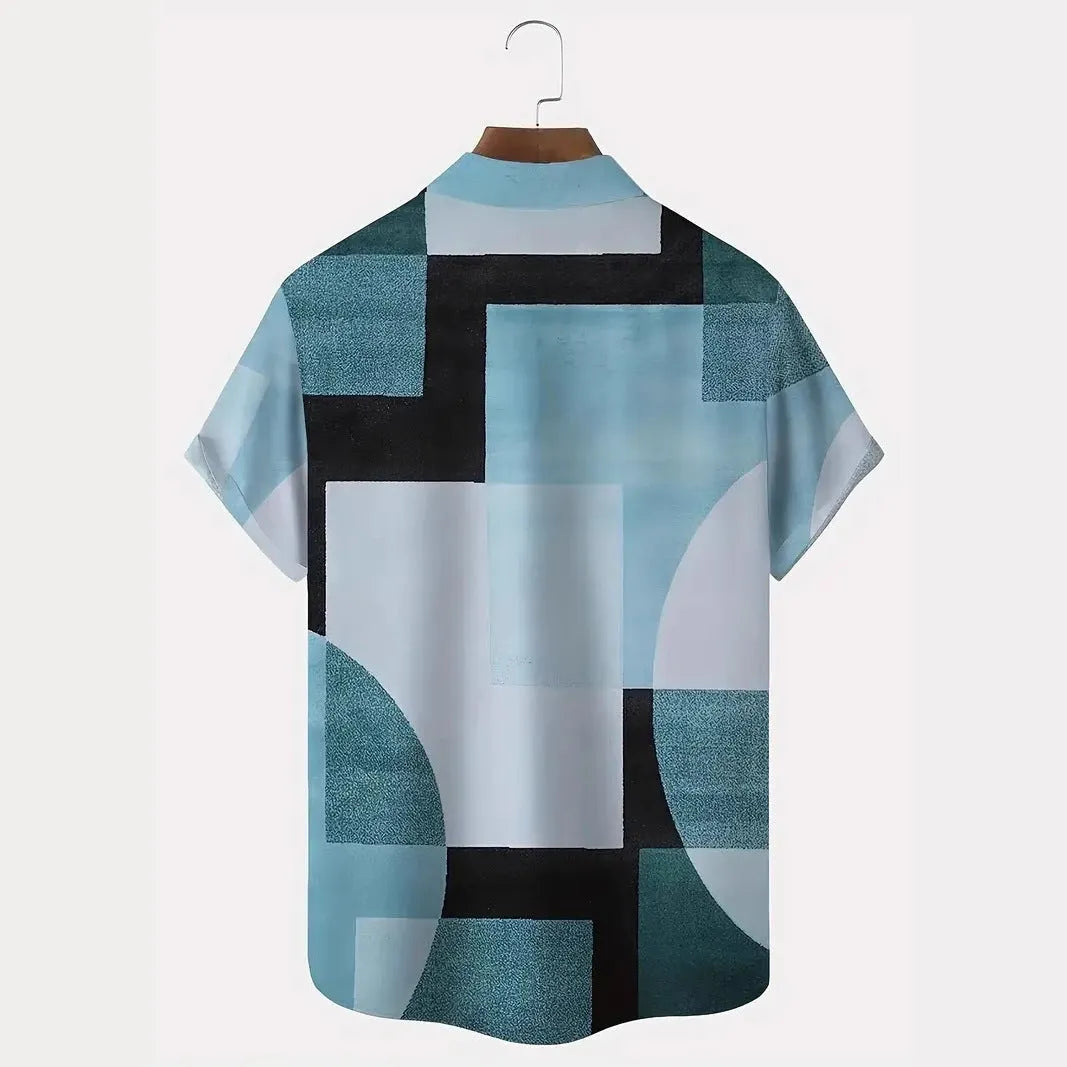 Classic retro men's shirt with geometric contrast colour block and square 3D printed pattern, loose cardigan fit, short sleeves