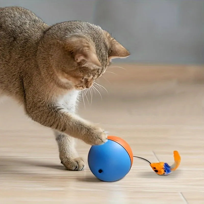 Interactive cat toy ball with plush mouse attachment in grey or orange colour