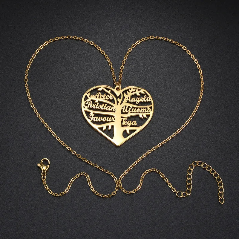 Personalised stainless steel necklace with hollow heart and tree pendant, showing silver, gold, and rose gold colour options.
