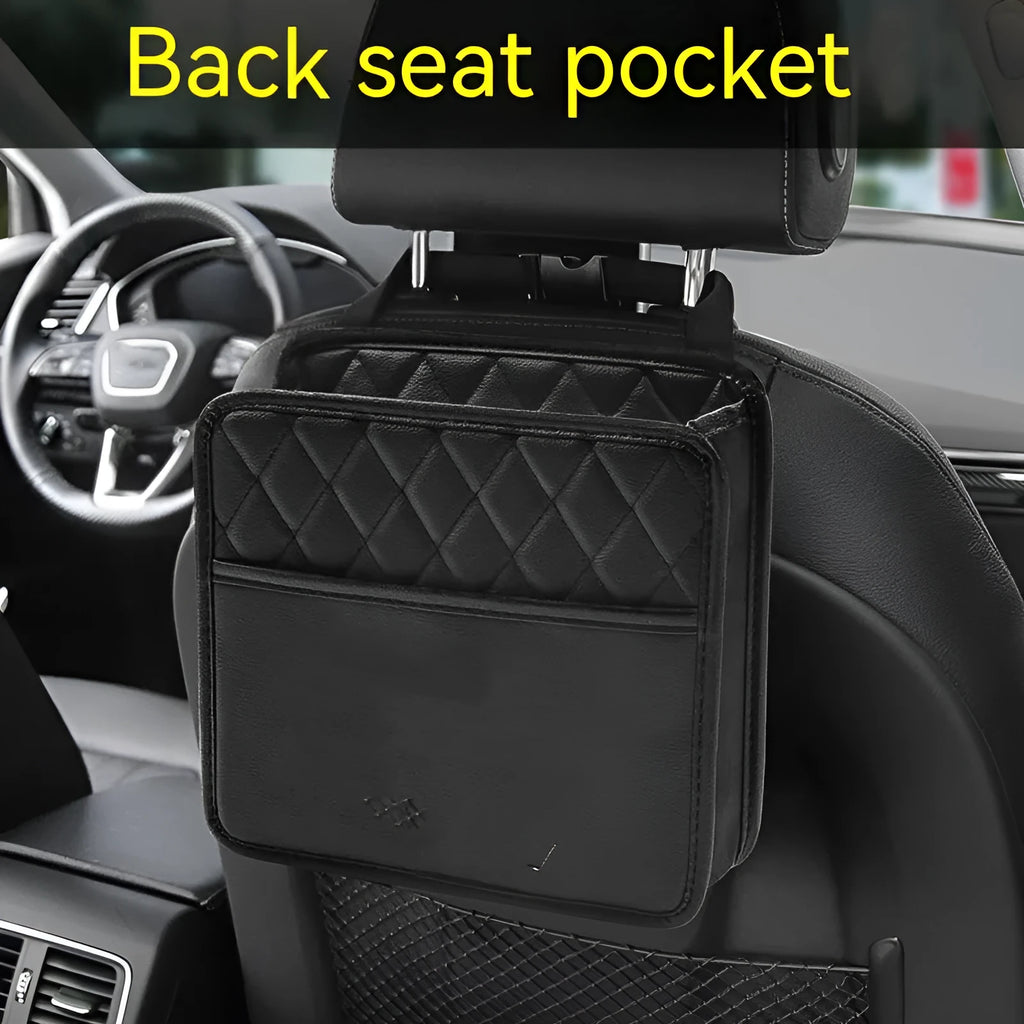 Leather car interior hanging storage bag organiser in black, pink, green, or white colours