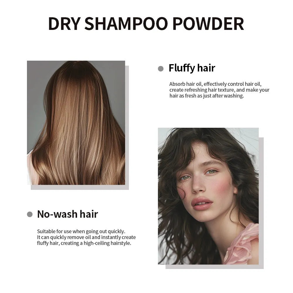5g dry shampoo powder sachet with sponge applicator and headband mirror in blue, green, and red packaging options.