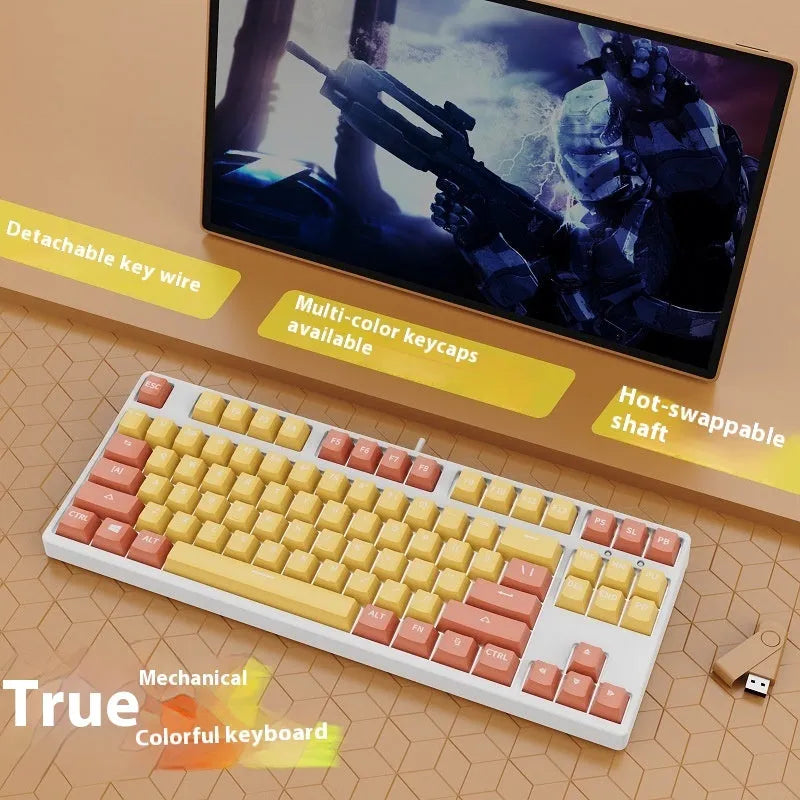 87-key wired mechanical keyboard with hot-swappable switches in two-tone colour option