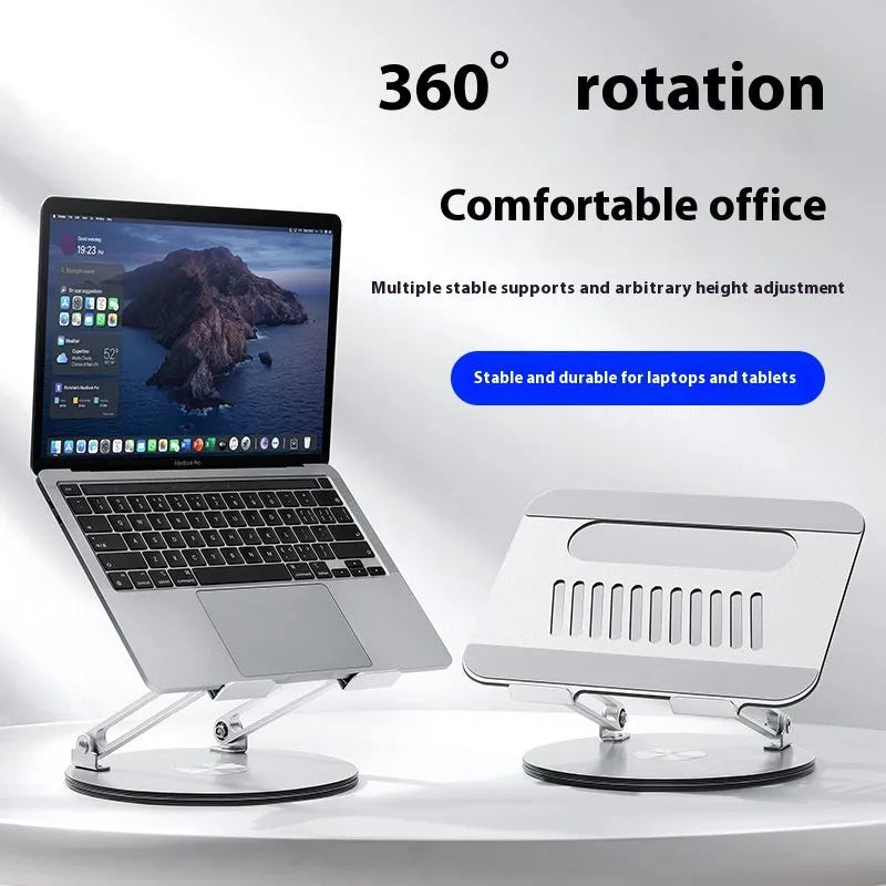 Silver aluminium laptop stand with adjustable height and rotating function on desktop